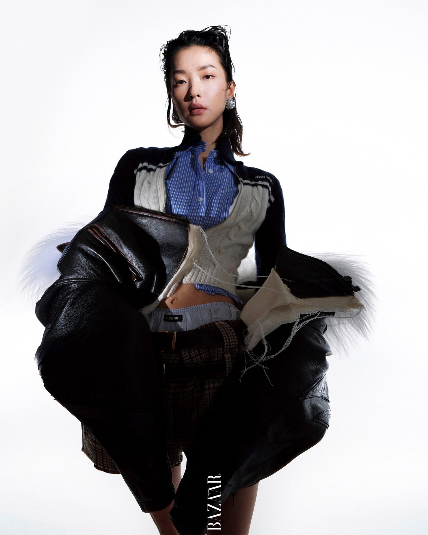 image  1 Miu Miu - Du Juan in #MiuMiuFW22 and #UpcycledbyMiuMiu for Harper’s Bazaar China